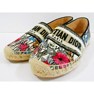 Christian Dior Granville Mille Fleurs Cotton Logo Embroidered Flats 37.5